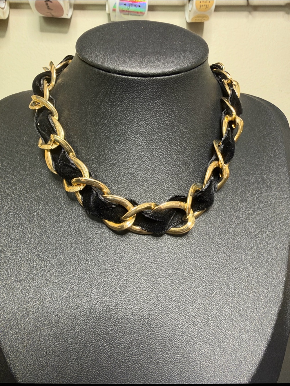 Shewlery Gold Tone Chain Choker Necklace Black Velvet Weave - Women Jewelry